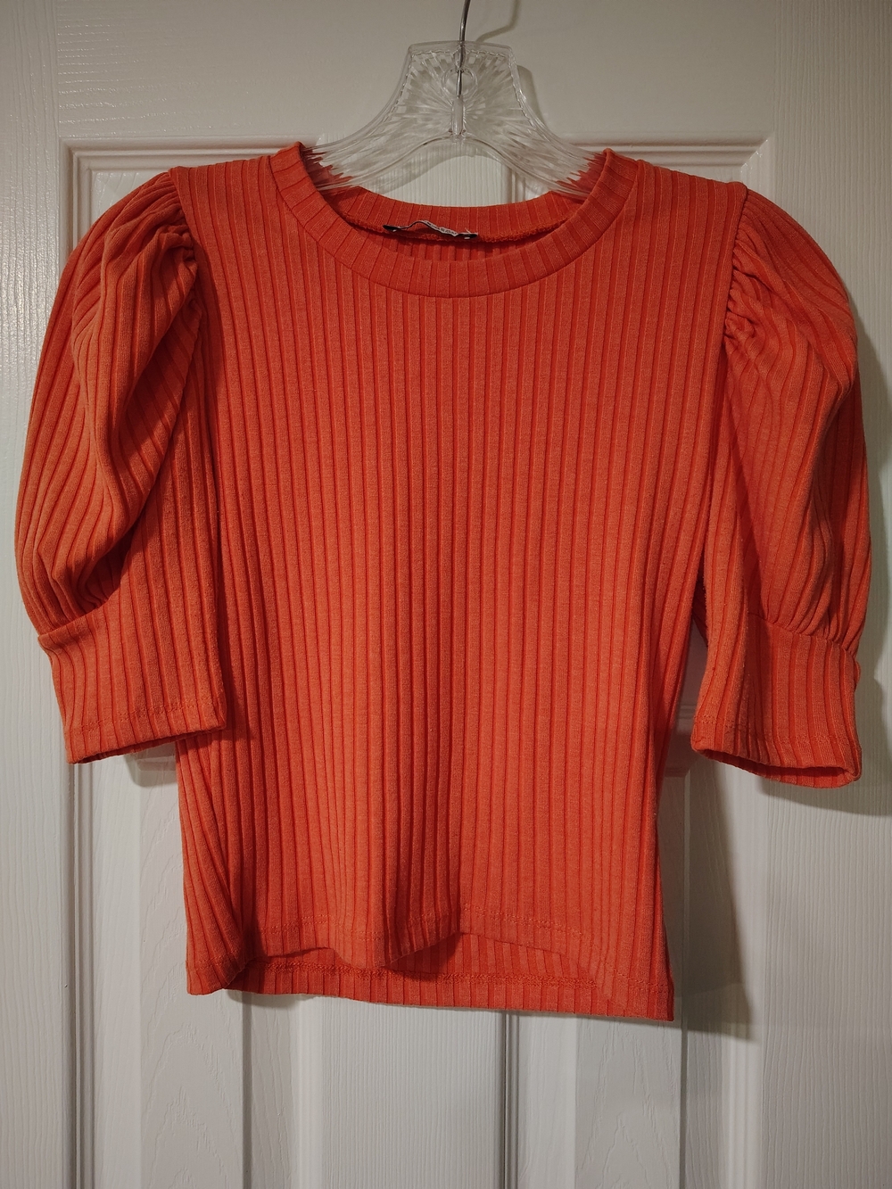 Zara Orange Ribbed Puff Sleeve Tee